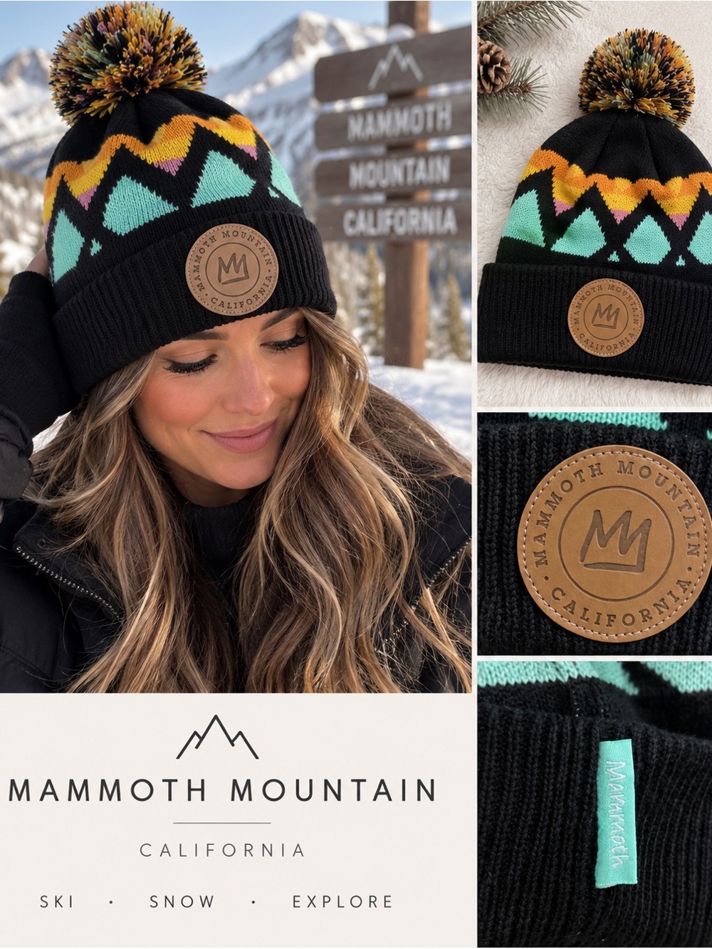 Mammoth Mountain California Colorful Pom Pom Knit Beanie